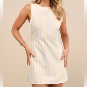 Lulus Alyvia Pale Yellow Pinstriped Sleeveless Mini Dress Size Medium Flawed